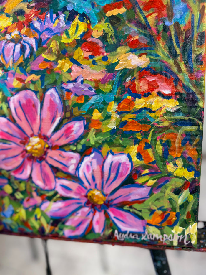 Red Barn with Daisies - Original 16x20" Floral Painting on Canvas
