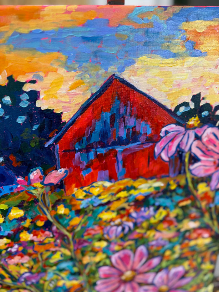 Red Barn with Daisies - Original 16x20" Floral Painting on Canvas