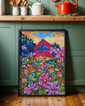 Red Barn with Daisies Art Print on Paper or Canvas - Farmhouse Country Decor, Wall Poster