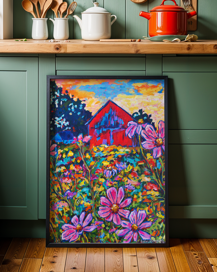 Red Barn with Daisies Art Print on Paper or Canvas - Farmhouse Country Decor, Wall Poster