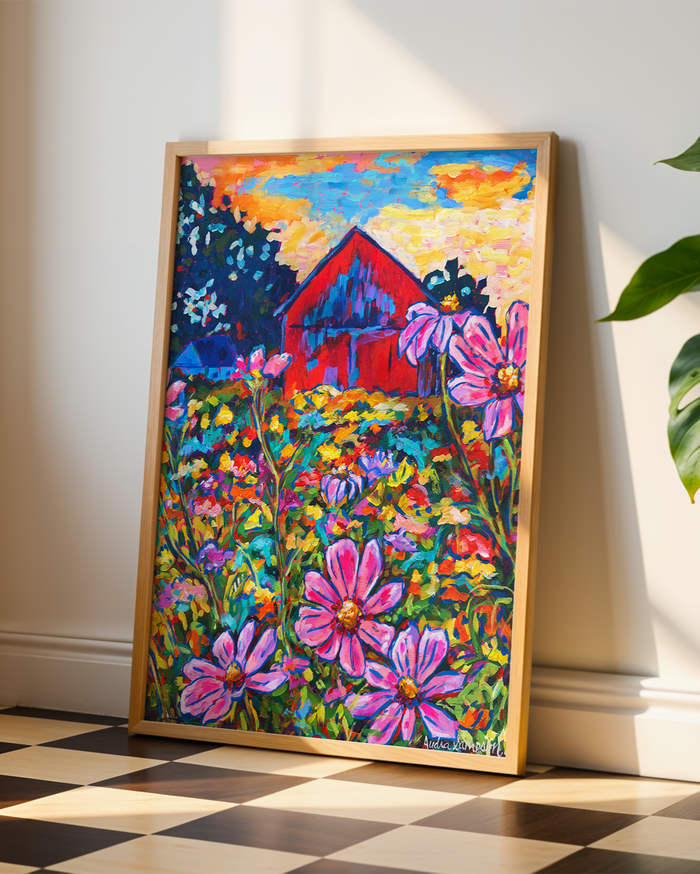 Red Barn with Daisies Art Print on Paper or Canvas - Farmhouse Country Decor, Wall Poster
