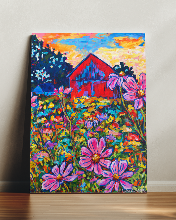 Red Barn with Daisies Art Print on Paper or Canvas - Farmhouse Country Decor, Wall Poster