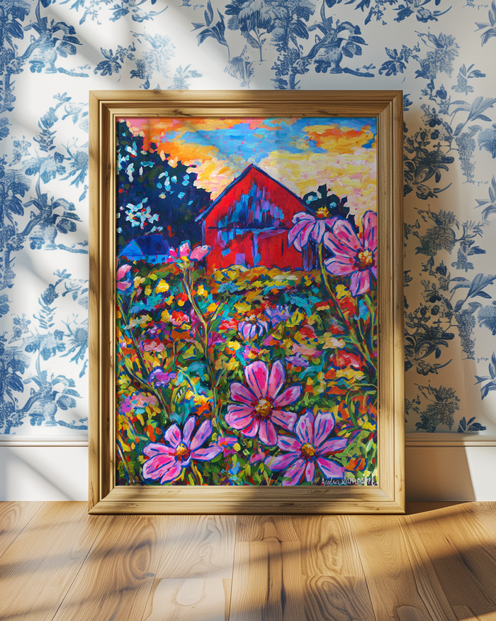 Red Barn with Daisies Art Print on Paper or Canvas - Farmhouse Country Decor, Wall Poster