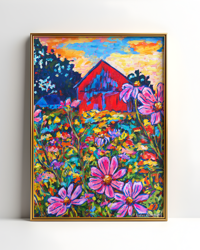 Red Barn with Daisies Art Print on Paper or Canvas - Farmhouse Country Decor, Wall Poster