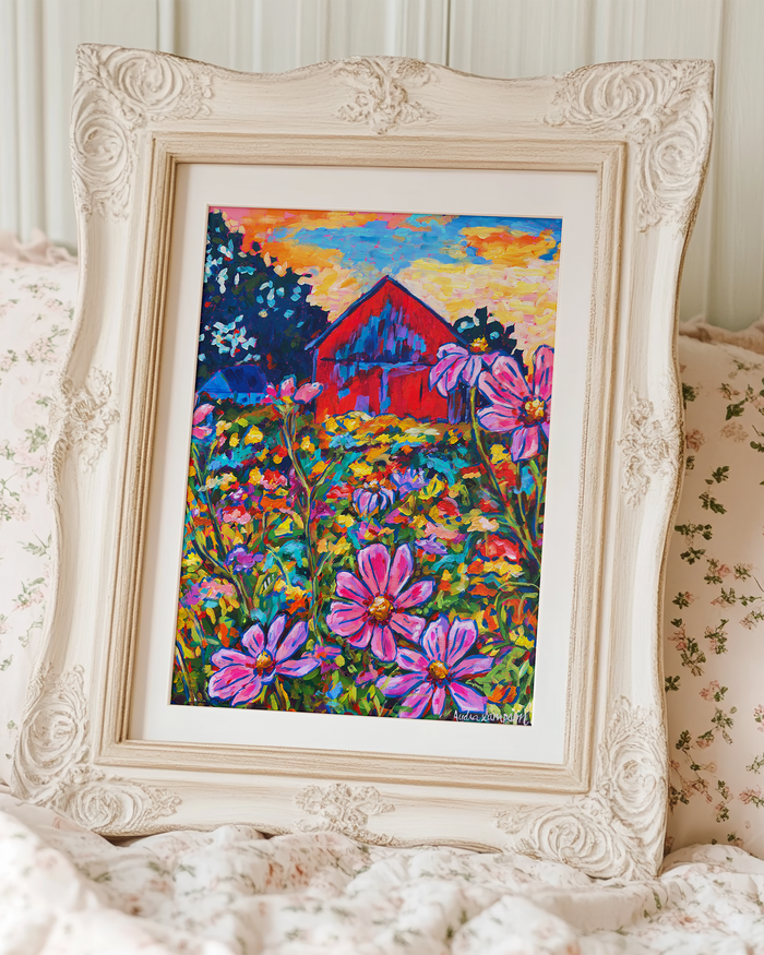 Red Barn with Daisies Art Print on Paper or Canvas - Farmhouse Country Decor, Wall Poster