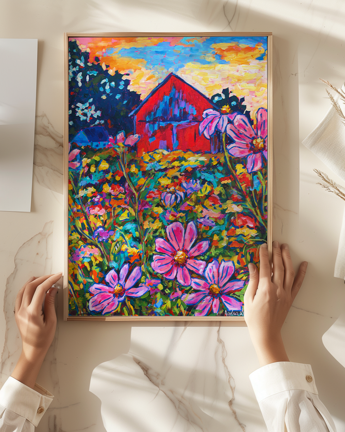 Red Barn with Daisies Art Print on Paper or Canvas - Farmhouse Country Decor, Wall Poster