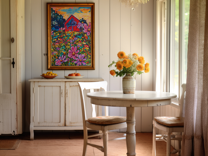 Red Barn with Daisies Art Print on Paper or Canvas - Farmhouse Country Decor, Wall Poster