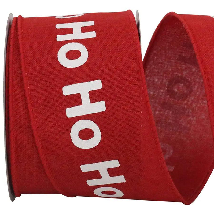 Red "Ho Ho Ho" Linen Wired Ribbon 2.5"W x 10yd