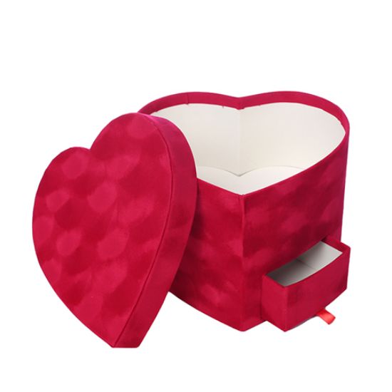 Red Velvet Touch Heart Shaped Flower Box with Drawer - Valentines