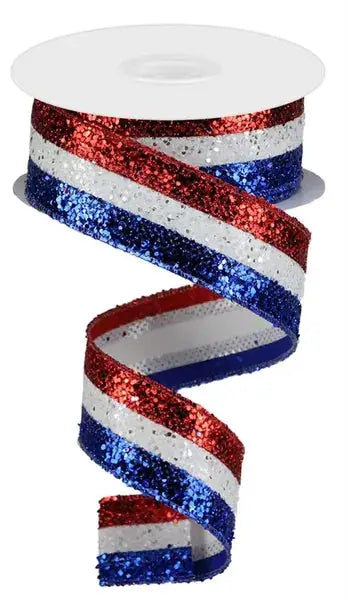 Red, White, and Blue Glitter Striped Ribbon 1.5" x 10 Yd