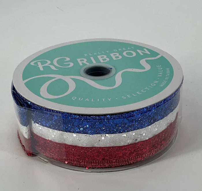Craig Bachman Red, White, and Blue Glitter Striped Ribbon 1.5" x 10 Yd - Uncategorized Ribbon