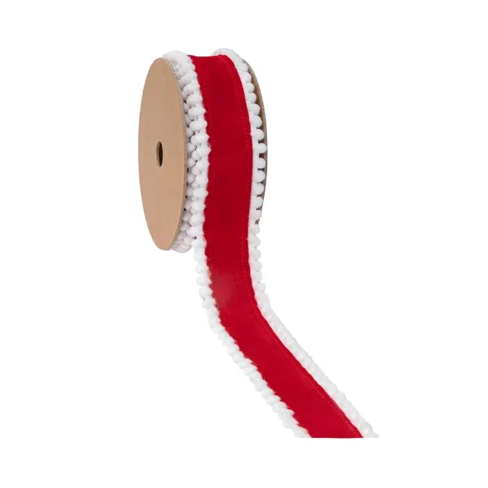 Ribbon: La Ribbons red unwired ribbon with white pom-pom edge, 1.5in x 10yd