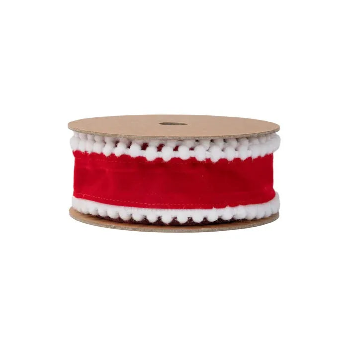 Red ribbon with white pom-pom edge on a spool, unwired, 1.5 in x 10 yd