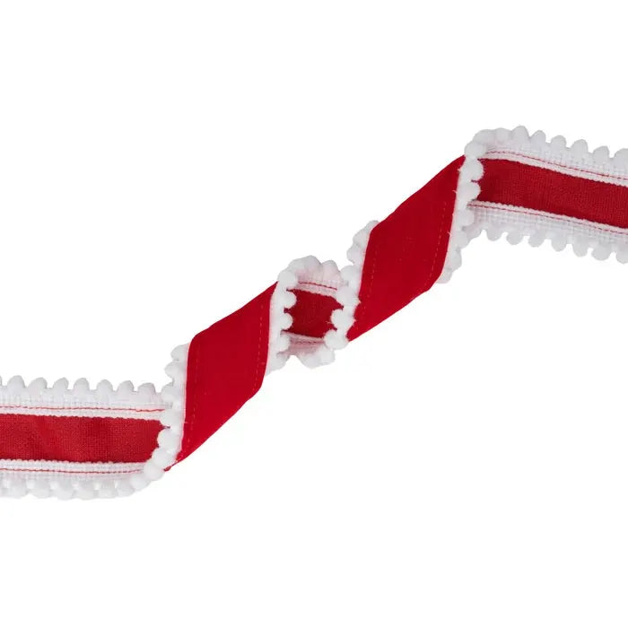 Ribbon, red unwired with white pom-pom edge, La Ribbons Pom-Pom Trim, 1.5in x 10yd