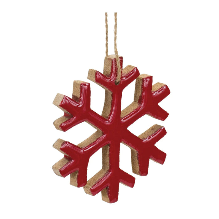 Red wood snowflake ornament with natural burlap borders and twine hanger