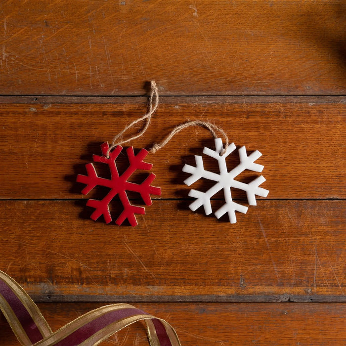 Red and white wood snowflake ornaments (2) on jute strings