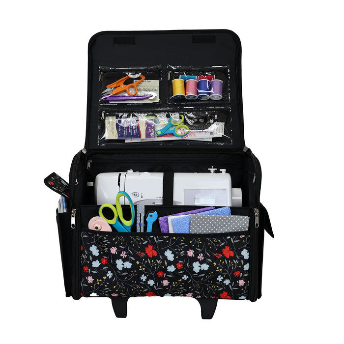 Rolling Sewing Machine Tote, Floral Storage Bag with Wheels & Telescoping Handle