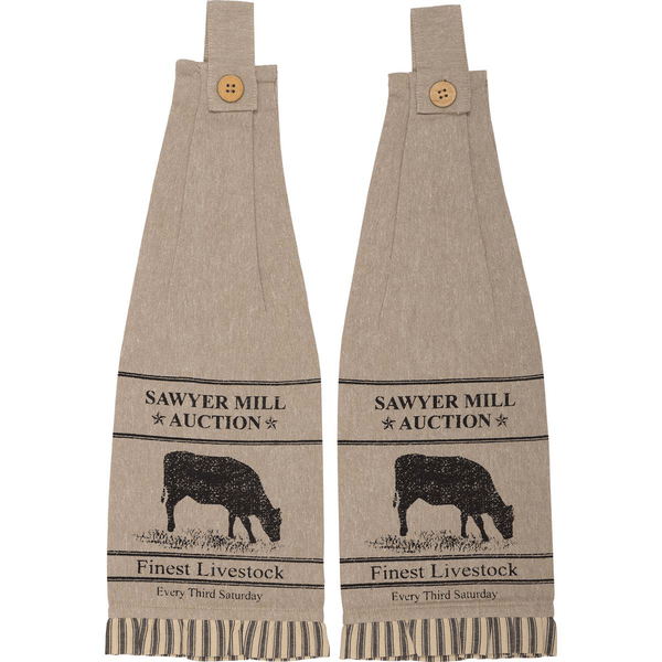 Sawyer Mill Charcoal Cow Button Loop Tea Towel - Set of 2 - Primitive Star Quilt Shop