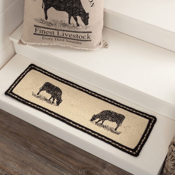 Sawyer Mill Charcoal Cow Rectangle Braided Stair Tread Latex Backed 8.5x27" - Primitive Star Quilt Shop