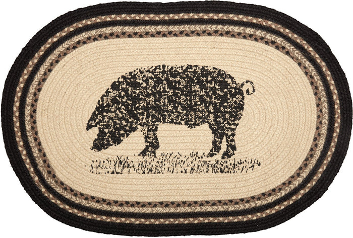 Sawyer Mill Charcoal Pig Oval Braided Rug 20x30" - Primitive Star Quilt Shop