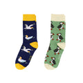 A pair of novelty crew socks shown flat against a white background.