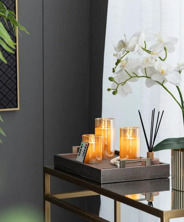 A&B Set of 3 Amber Real Flame-Effect LED Wax Candles 4", 5", 6" - Flameless Candles Candles/Fragrance