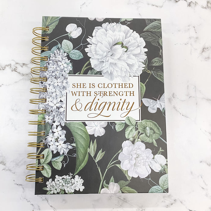 She is Clothed with Strength & Dignity White Floral Large Wirebound Journal - Proverbs 31:25 - Lyla's: Clothing & Gifts - Online and Rockwall Texas Boutique