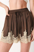 Silky Lace Trim Brown Shorts