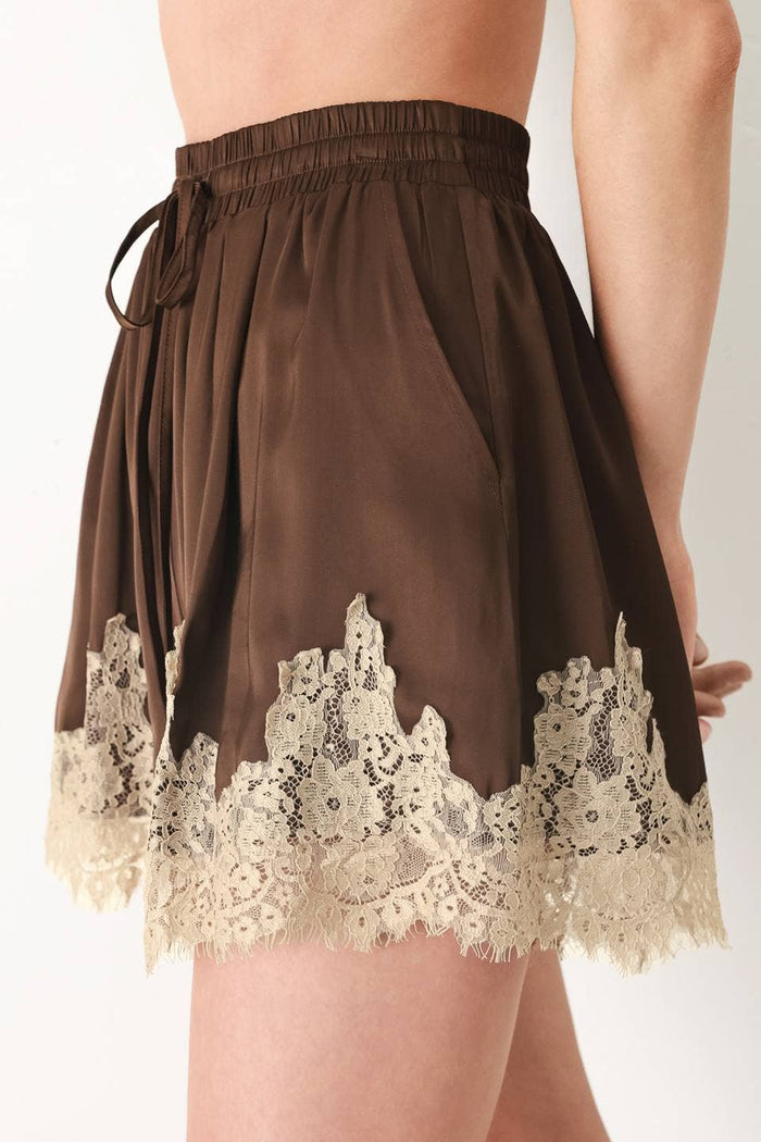 Silky Lace Trim Brown Shorts