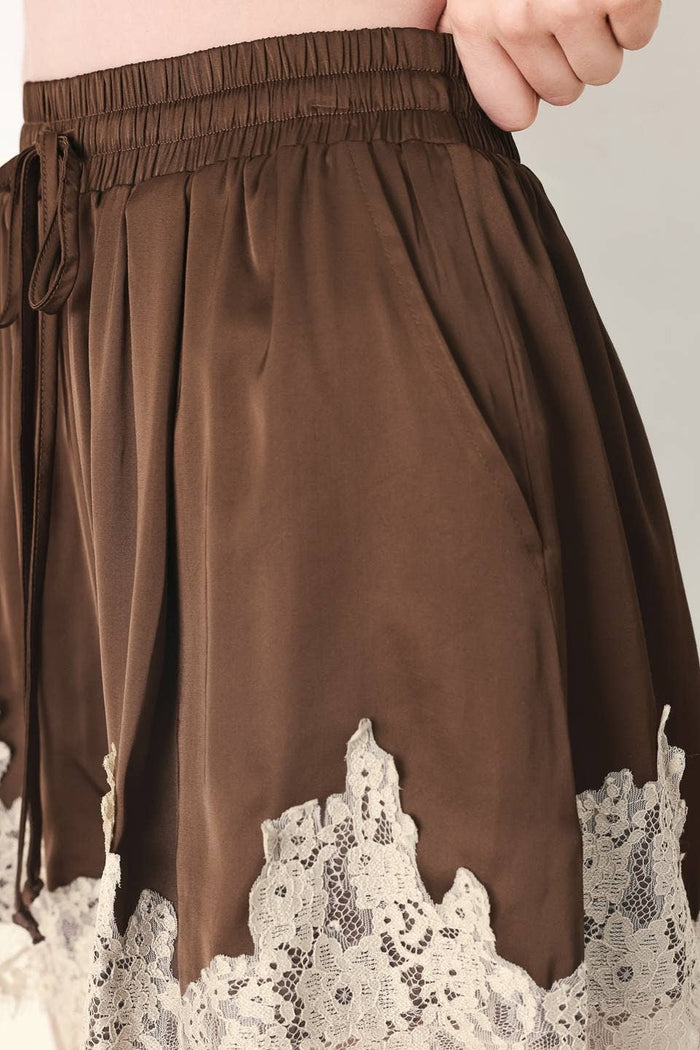 Silky Lace Trim Brown Shorts