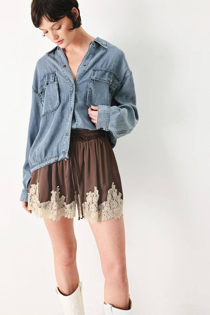 Silky Lace Trim Brown Shorts