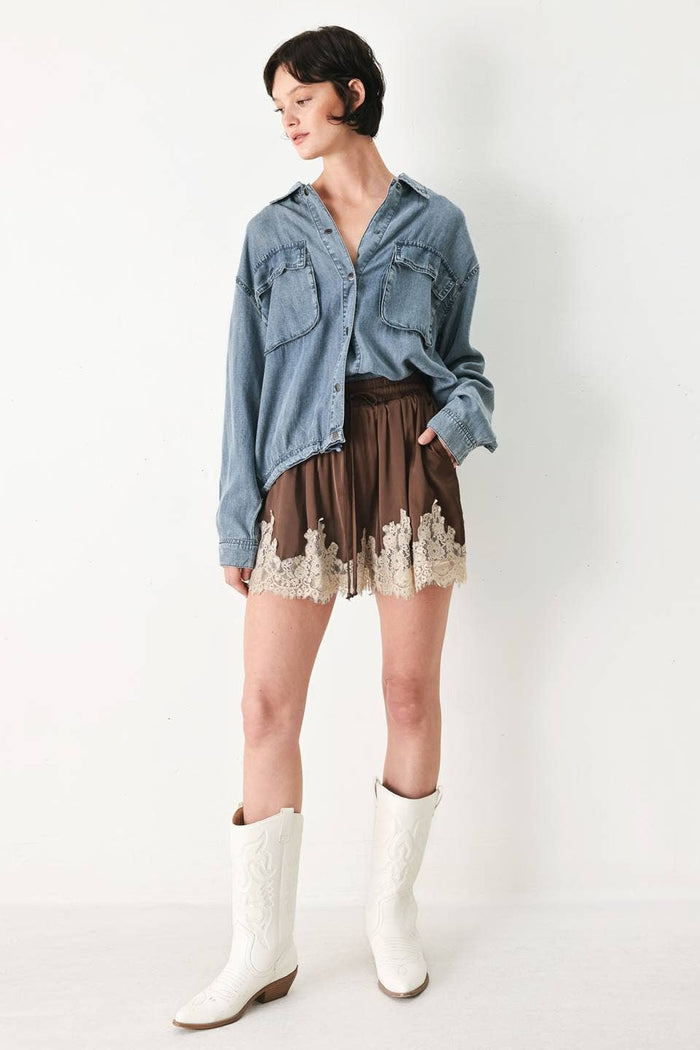 Silky Lace Trim Brown Shorts