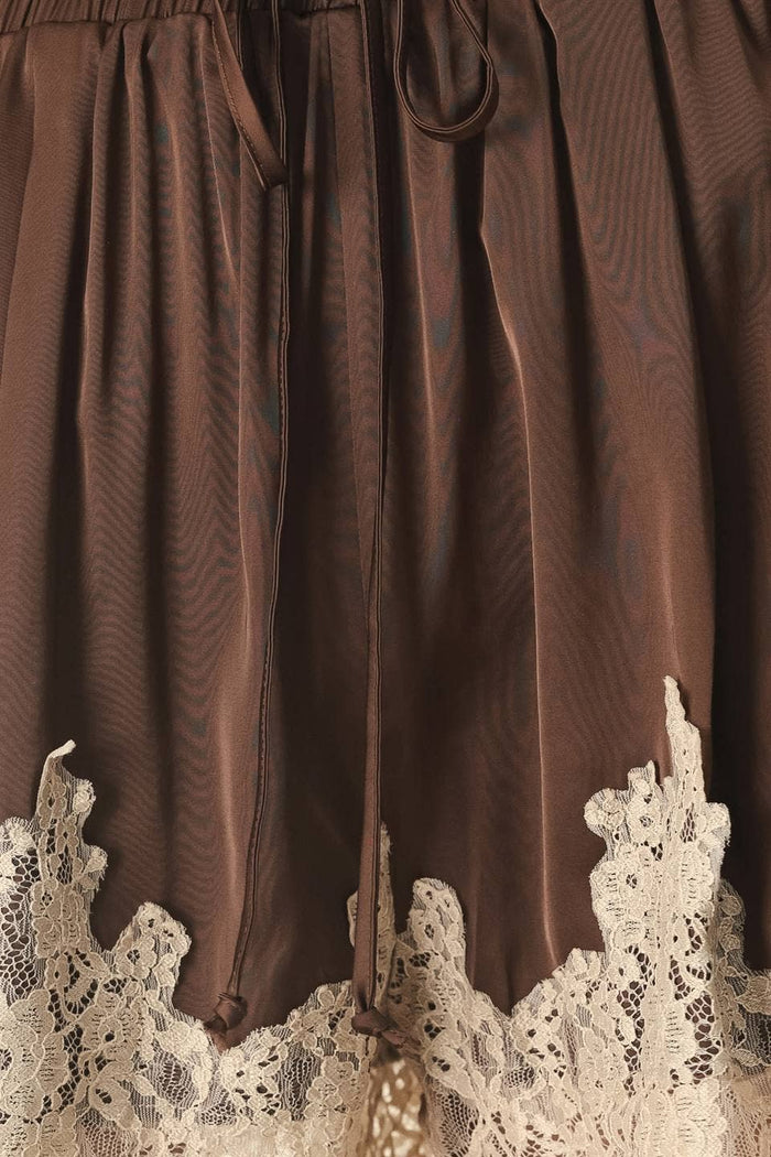 Silky Lace Trim Brown Shorts