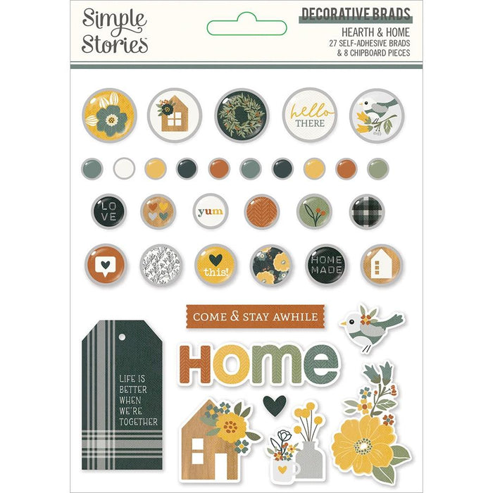 Simple Stories - Hearth & Home - Decorative Brads. This package contains 27 Self Adhesive Metal Brads and 8 chipboard pieces. Made in USA. Available at Embellish Away located in Bowmanville Ontario Canada.