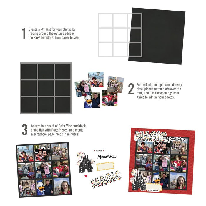 Simple Stories - Simple Pages Page Template - Design 8. Includes (1) 9-3x3 divided template. Available at Embellish Away located in Bowmanville Ontario Canada. Steps
