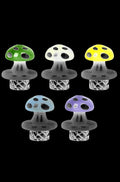 A close-up, angled view of the Mushroom Helix Carb Cap, showcasing its detailed glass construction against a plain black background.
