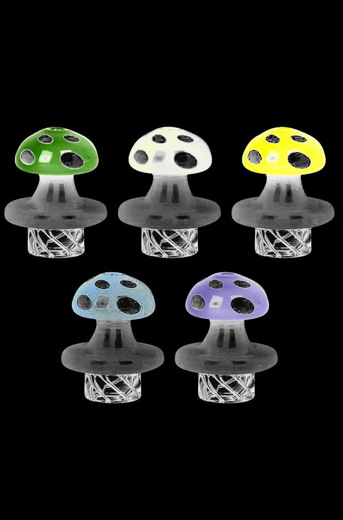 A close-up, angled view of the Mushroom Helix Carb Cap, showcasing its detailed glass construction against a plain black background.