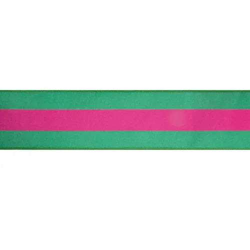 La Ribbons Striped Wired Dupioni Ribbon Hot Pink-Green 2.5"W x 10yd - Velvet Ribbons Ribbon