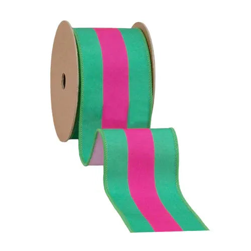 La Ribbons Striped Wired Dupioni Ribbon Hot Pink-Green 2.5"W x 10yd - Velvet Ribbons Ribbon