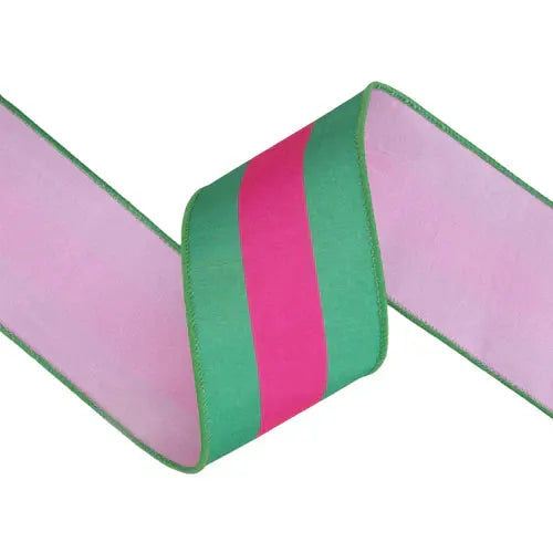La Ribbons Striped Wired Dupioni Ribbon Hot Pink-Green 2.5"W x 10yd - Velvet Ribbons Ribbon
