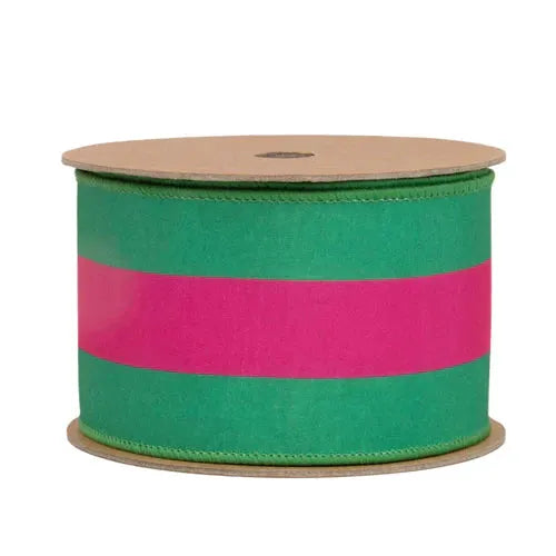 La Ribbons Striped Wired Dupioni Ribbon Hot Pink-Green 2.5"W x 10yd - Velvet Ribbons Ribbon
