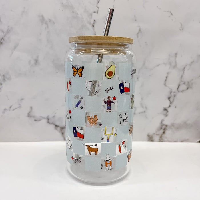 Texas Checkerboard Icons Glass Can by Callie Danielle - Lyla's: Clothing & Gifts - Online and Rockwall Texas Boutique