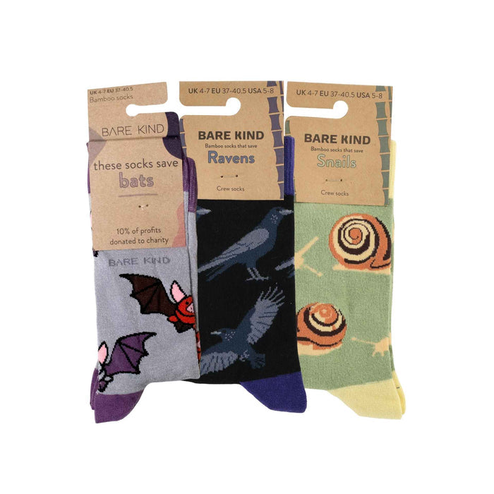 Three pairs of Bare Kind crew socks displayed side by side on a white background.