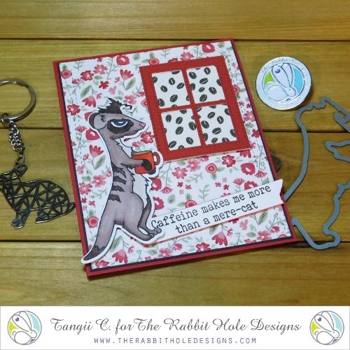 The Rabbit Hole Designs - Stamp Set - Caffeinated - Meerkat - 3x4. Deeply etched, clear photopolymer stamps for precise placement. Made in USA. Available at Embellish Away located in Bowmanville Ontario Canada. Card design by Tangii C.