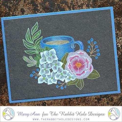The Rabbit Hole Designs - Stamp Set - Caffeinated - Spring Coffee - 4x4. Deeply etched, clear photopolymer stamps for precise placement. Made in the USA. Available at Embellish Away located in Bowmanville Ontario Canada. Card design by Mary Ann.