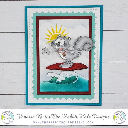 The Rabbit Hole Designs - Stamp Set - 3x4 - Clarence Surfing. Deeply etched, clear photopolymer stamps for precise placement. Featuring the art of Dustin Pike. Made in USA. Available at Embellish Away located in Bowmanville Ontario Canada. Card design by Vanessa B.