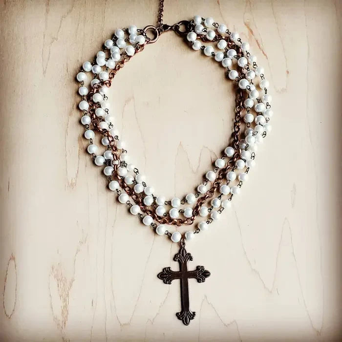 Tilly Pearl and Copper Collar-Length Necklace w/ Copper Cross