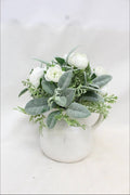 Supreme White Mini Ranunculus with Pitcher 9" - Artificial Flowering Plants Silk