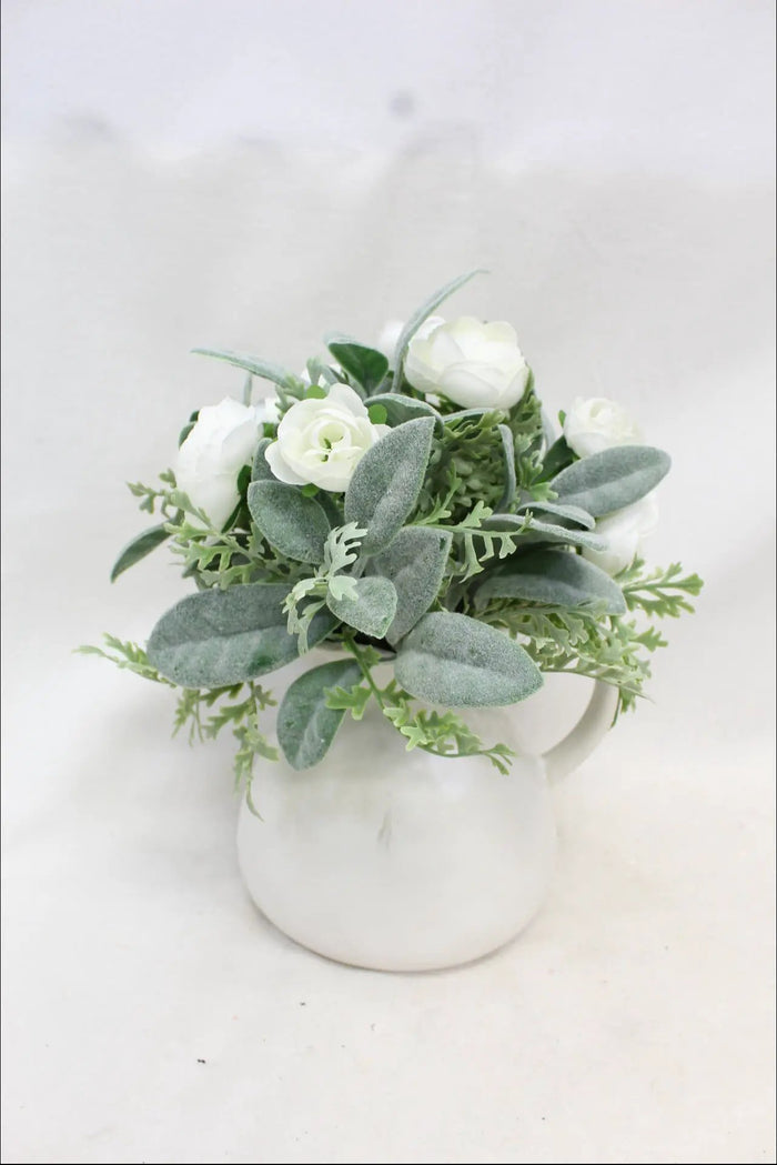 Supreme White Mini Ranunculus with Pitcher 9" - Artificial Flowering Plants Silk