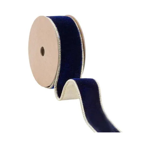 La Ribbons Wired Premium Velvet Ribbon Royal Blue w/ Gold Dupioni-Fused Backing 1.5"Wx10yd - Velvet Ribbons Ribbon